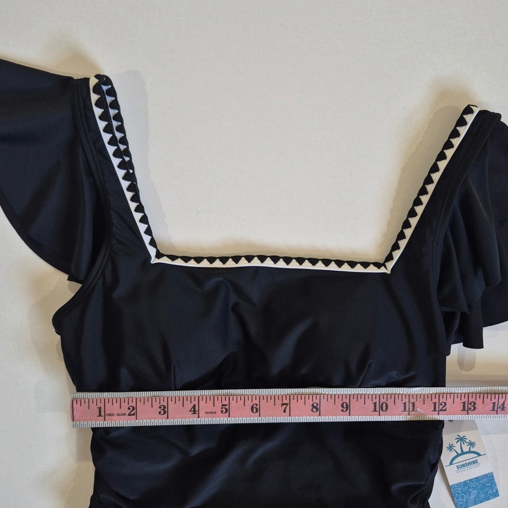 Sunshine One Piece Tummy Control Swimsuit Black Rickrack Ruffle Sleeve Ruching - Picture 2 of 9